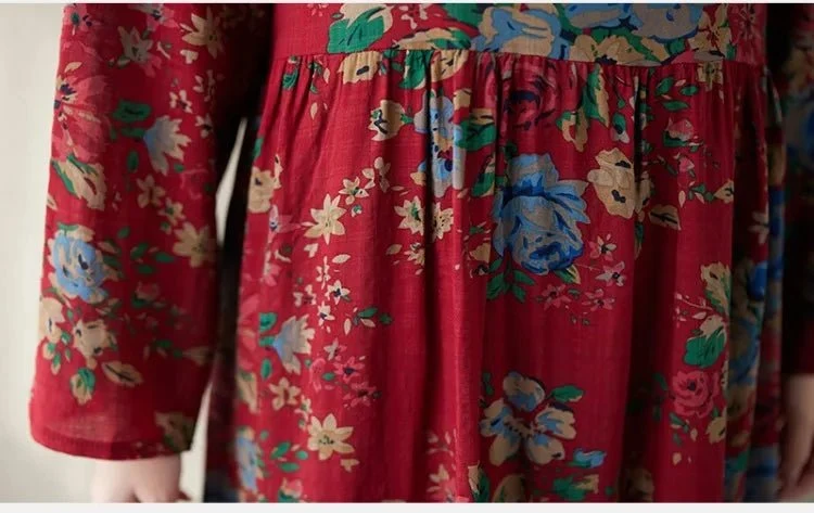 Maxikleid im Boho-Stil mit Blumenmuster für Damen in großen Größen, lockere Passform aus Baumwoll-Leinen-Mischgewebe