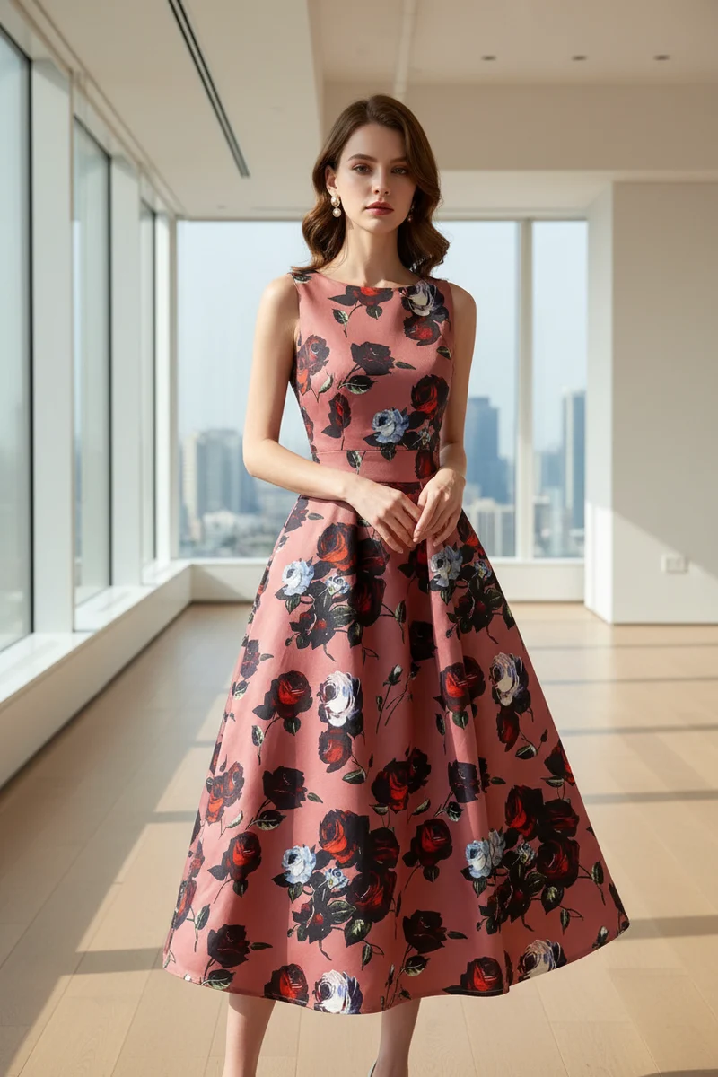 Elegantes Sommer-Abendkleid in großen Größen mit Blumenmuster – figurbetontes, ärmelloses A-Linien-Kleid für Damen.
