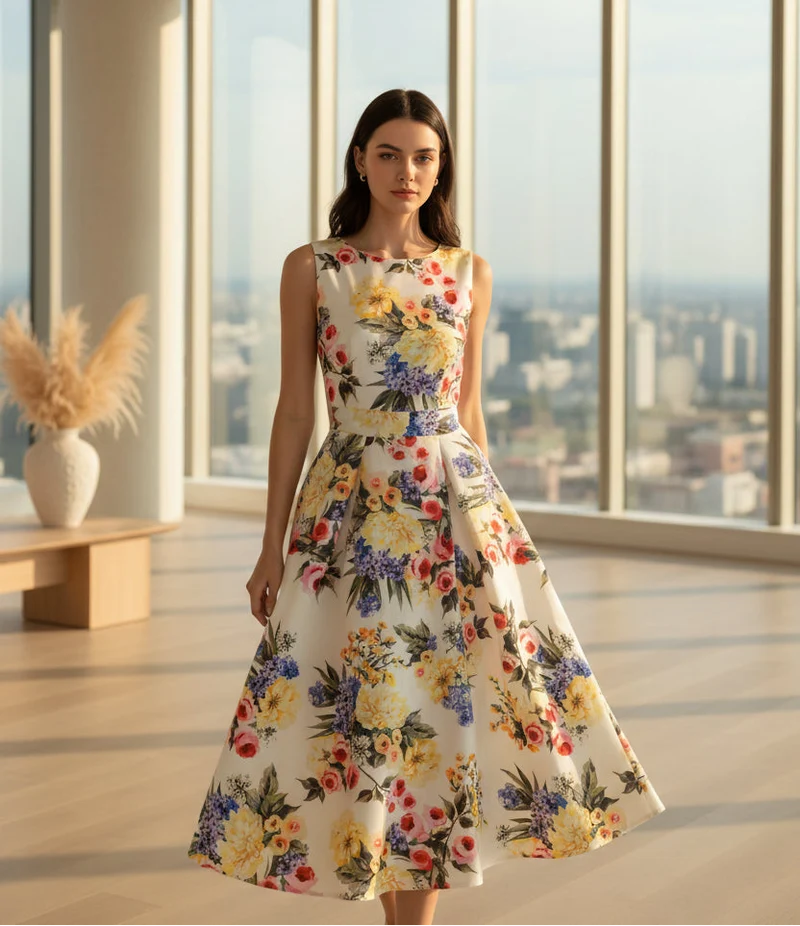 Elegantes Sommer-Abendkleid in großen Größen mit Blumenmuster – figurbetontes, ärmelloses A-Linien-Kleid für Damen.