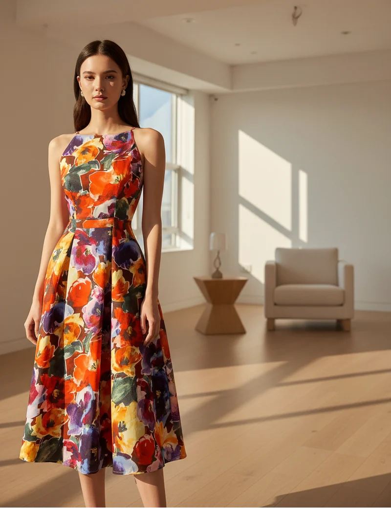 Elegantes Sommer-Abendkleid in großen Größen mit Blumenmuster – figurbetontes, ärmelloses A-Linien-Kleid für Damen.