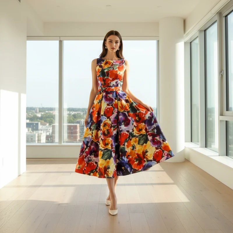 Elegantes Sommer-Abendkleid in großen Größen mit Blumenmuster – figurbetontes, ärmelloses A-Linien-Kleid für Damen.