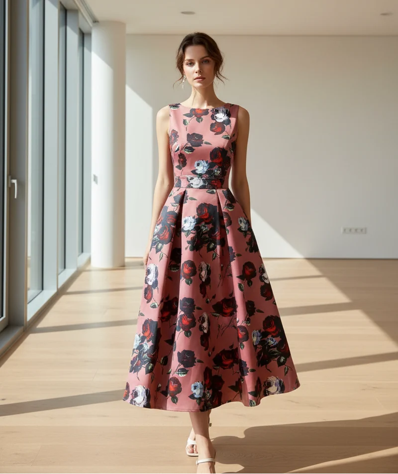Elegantes Sommer-Abendkleid in großen Größen mit Blumenmuster – figurbetontes, ärmelloses A-Linien-Kleid für Damen.