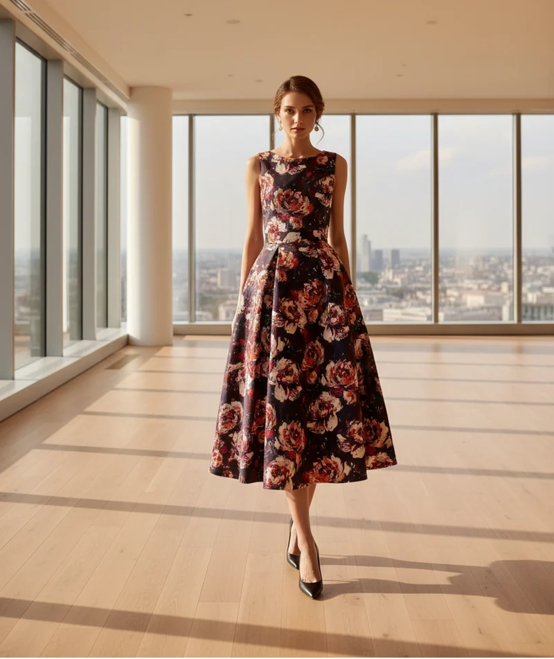 Elegantes Sommer-Abendkleid in großen Größen mit Blumenmuster – figurbetontes, ärmelloses A-Linien-Kleid für Damen.