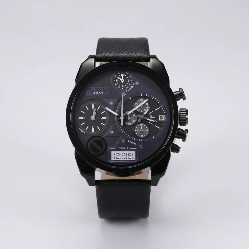 Cagarny Herren-Armbanduhr aus Leder mit Dualzeitfunktion – wasserdichtes Quarzwerk mit Datumsanzeige – Luxusgeschenk