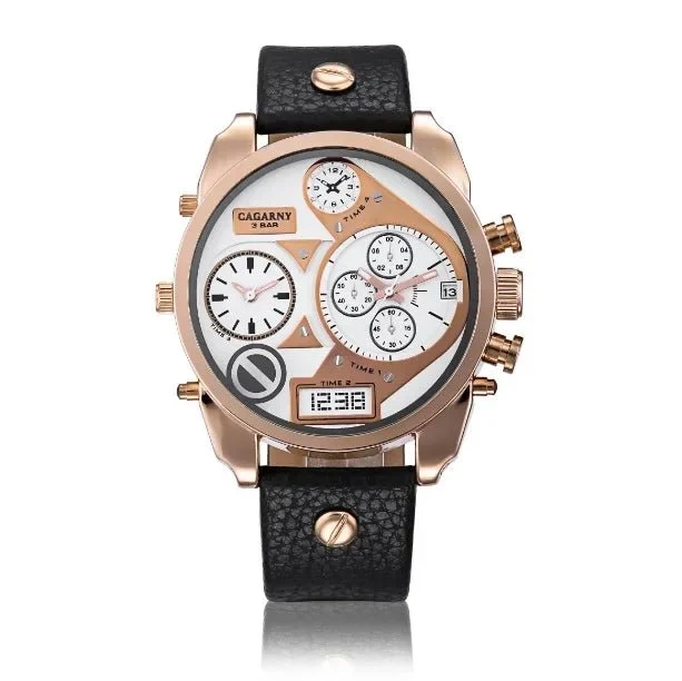 Cagarny Herren-Armbanduhr aus Leder mit Dualzeitfunktion – wasserdichtes Quarzwerk mit Datumsanzeige – Luxusgeschenk