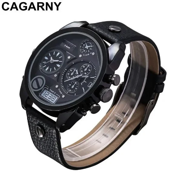 Cagarny Herren-Armbanduhr aus Leder mit Dualzeitfunktion – wasserdichtes Quarzwerk mit Datumsanzeige – Luxusgeschenk