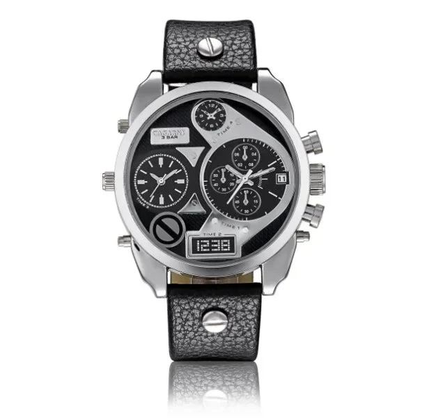 Cagarny Herren-Armbanduhr aus Leder mit Dualzeitfunktion – wasserdichtes Quarzwerk mit Datumsanzeige – Luxusgeschenk