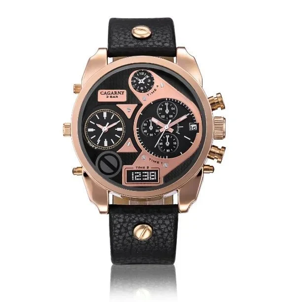 Cagarny Herren-Armbanduhr aus Leder mit Dualzeitfunktion – wasserdichtes Quarzwerk mit Datumsanzeige – Luxusgeschenk