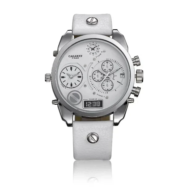 Cagarny Herren-Armbanduhr aus Leder mit Dualzeitfunktion – wasserdichtes Quarzwerk mit Datumsanzeige – Luxusgeschenk