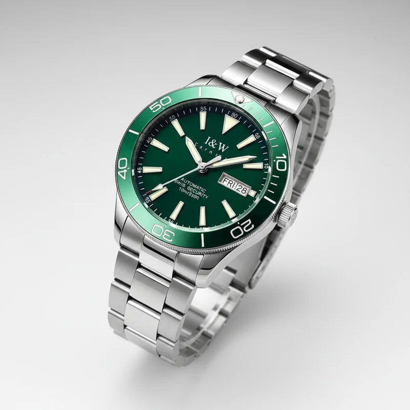 I&W Schweizer Luxus-Herren-Automatik-Taucheruhr – 100 m wasserdicht, Grün