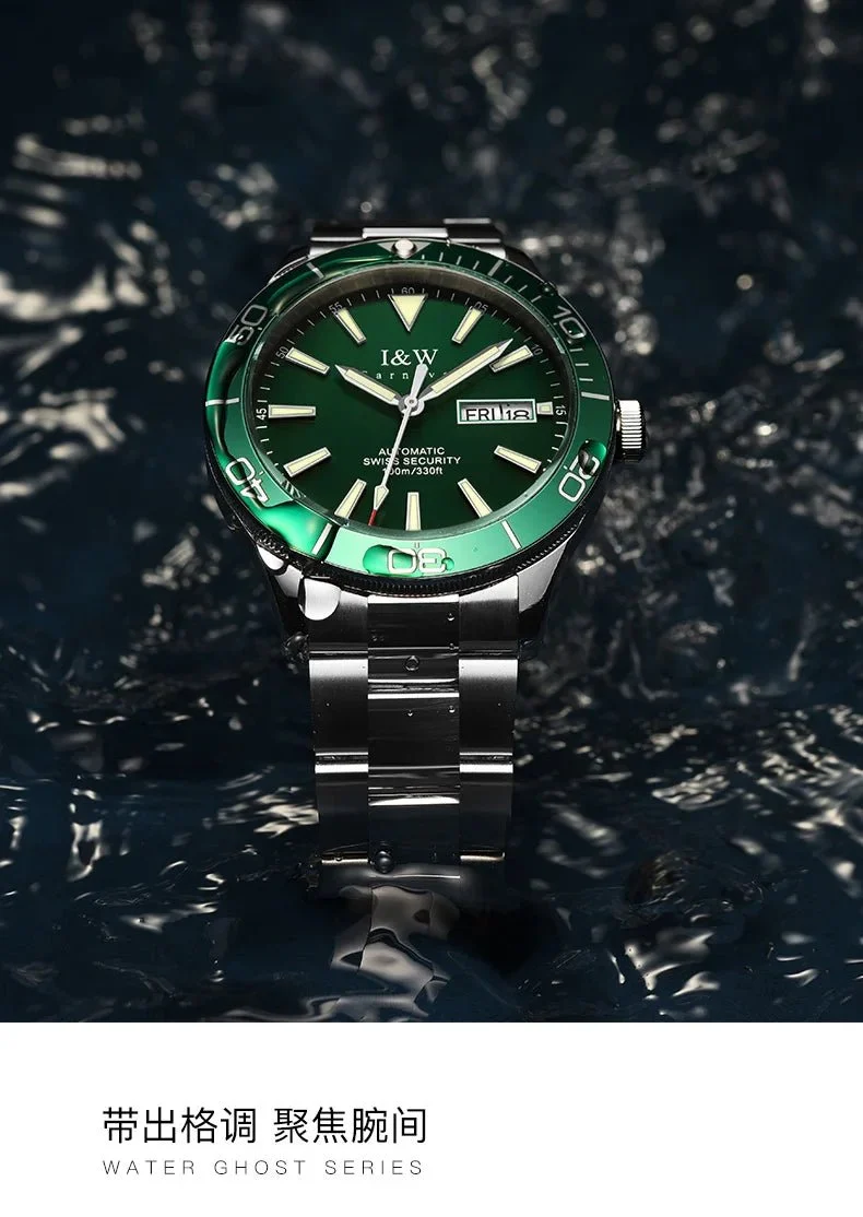 I&W Schweizer Luxus-Herren-Automatik-Taucheruhr – 100 m wasserdicht, Grün