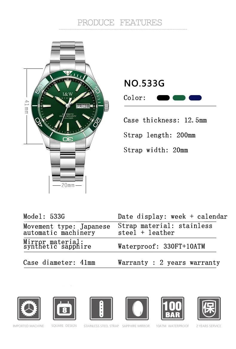I&W Schweizer Luxus-Herren-Automatik-Taucheruhr – 100 m wasserdicht, Grün