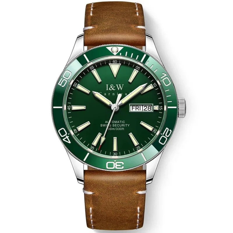 I&W Schweizer Luxus-Herren-Automatik-Taucheruhr – 100 m wasserdicht, Grün