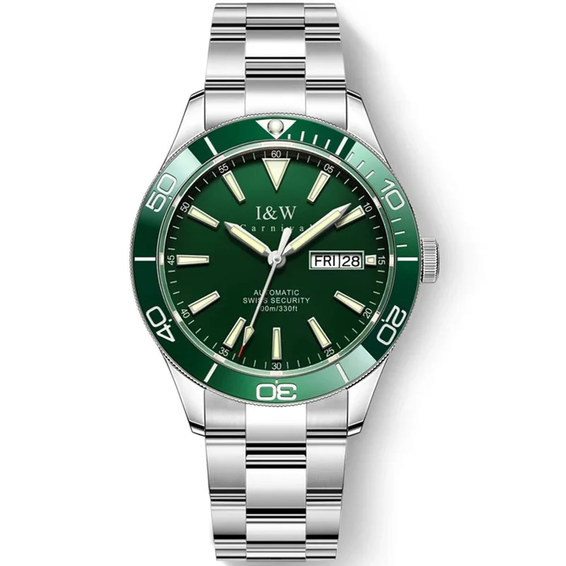 I&W Schweizer Luxus-Herren-Automatik-Taucheruhr – 100 m wasserdicht, Grün