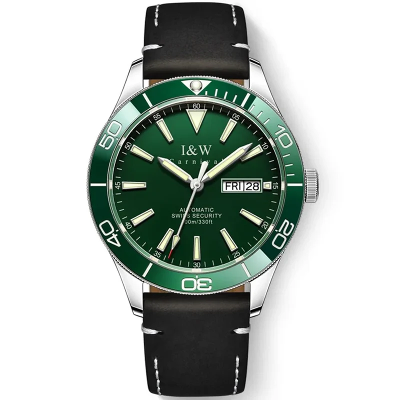 I&W Schweizer Luxus-Herren-Automatik-Taucheruhr – 100 m wasserdicht, Grün
