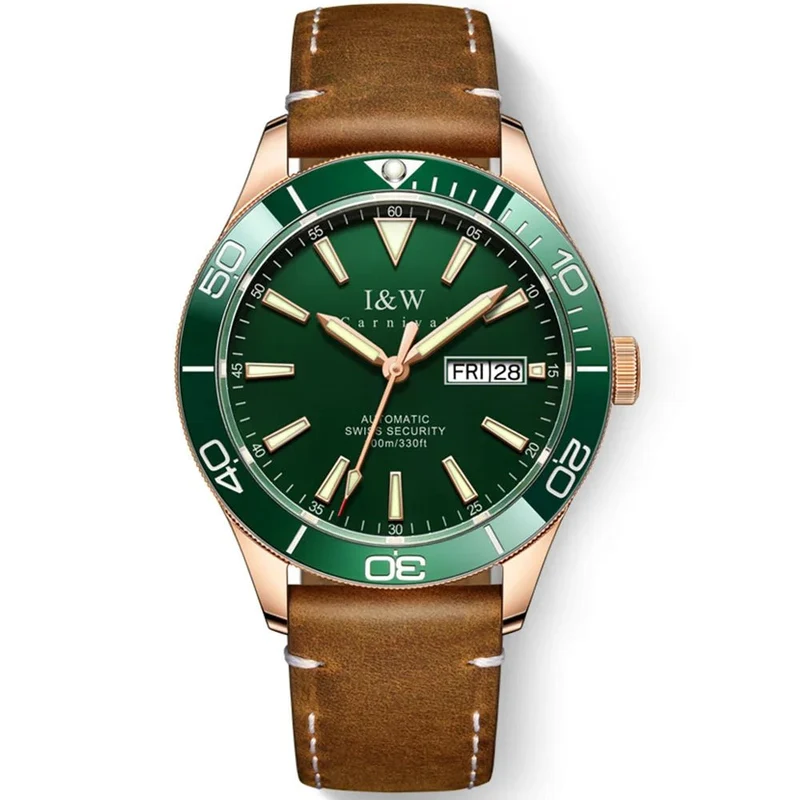 I&W Schweizer Luxus-Herren-Automatik-Taucheruhr – 100 m wasserdicht, Grün