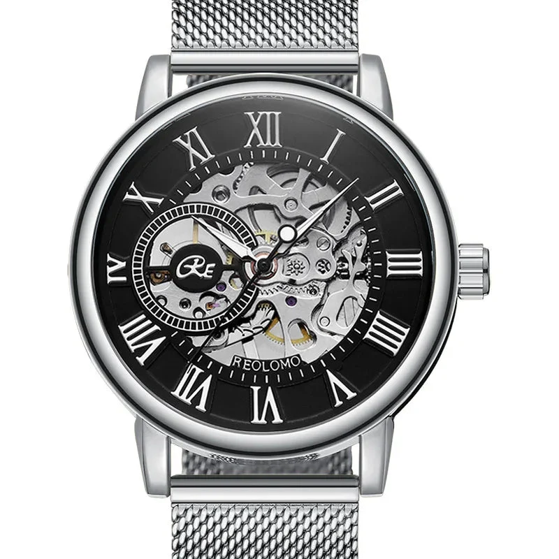 Luxuriöse Herrenuhr mit Skelett-Mesh-Armband – Elegante mechanische Uhr