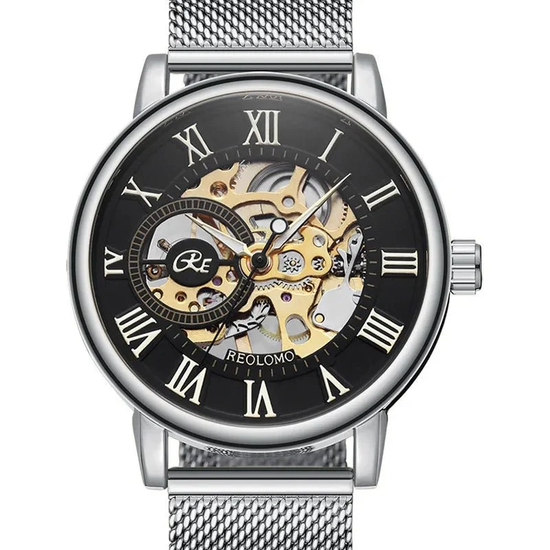 Luxuriöse Herrenuhr mit Skelett-Mesh-Armband – Elegante mechanische Uhr