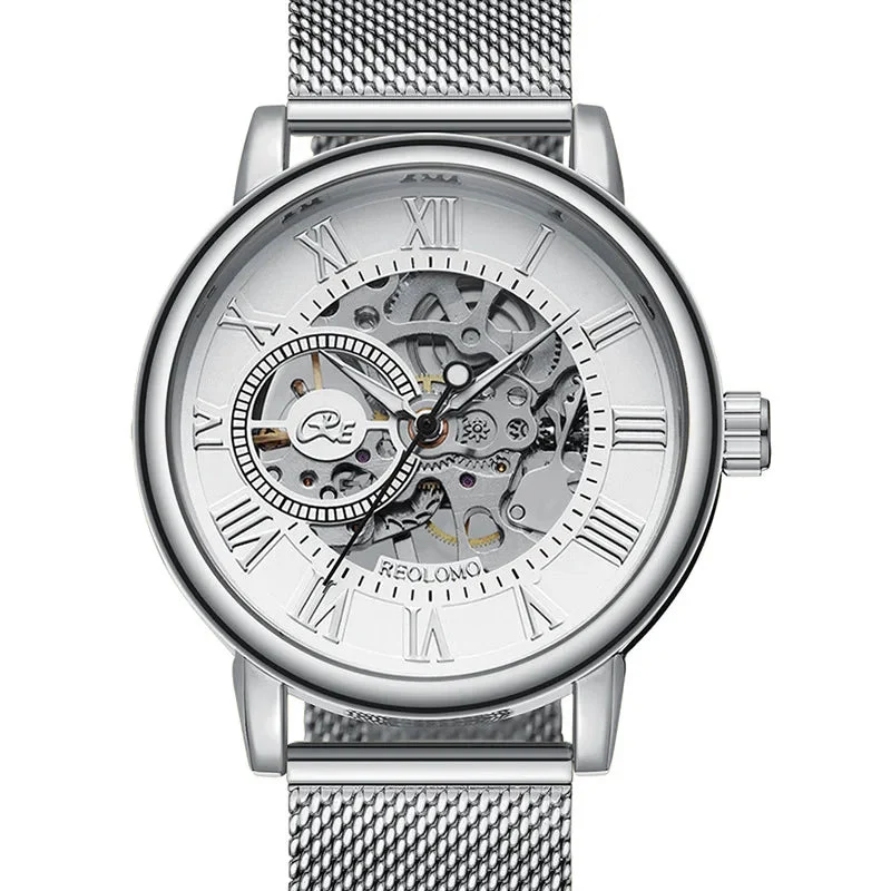 Luxuriöse Herrenuhr mit Skelett-Mesh-Armband – Elegante mechanische Uhr