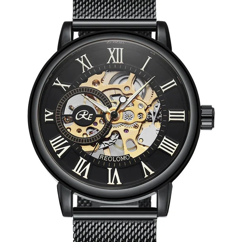 Luxuriöse Herrenuhr mit Skelett-Mesh-Armband – Elegante mechanische Uhr