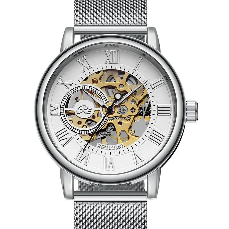 Luxuriöse Herrenuhr mit Skelett-Mesh-Armband – Elegante mechanische Uhr