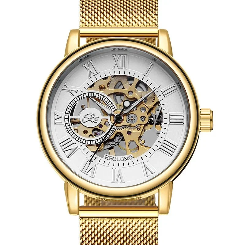 Luxuriöse Herrenuhr mit Skelett-Mesh-Armband – Elegante mechanische Uhr