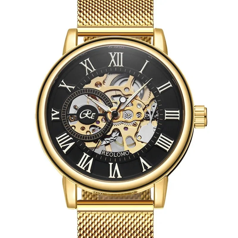 Luxuriöse Herrenuhr mit Skelett-Mesh-Armband – Elegante mechanische Uhr