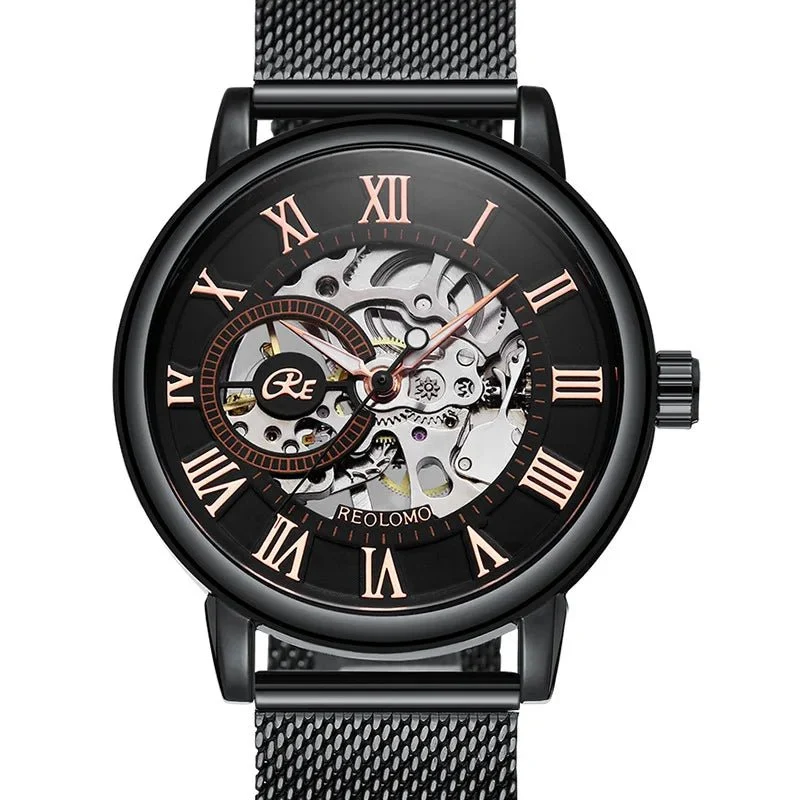 Luxuriöse Herrenuhr mit Skelett-Mesh-Armband – Elegante mechanische Uhr