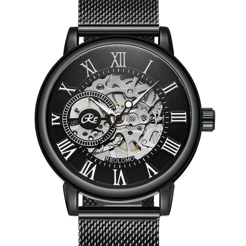Luxuriöse Herrenuhr mit Skelett-Mesh-Armband – Elegante mechanische Uhr