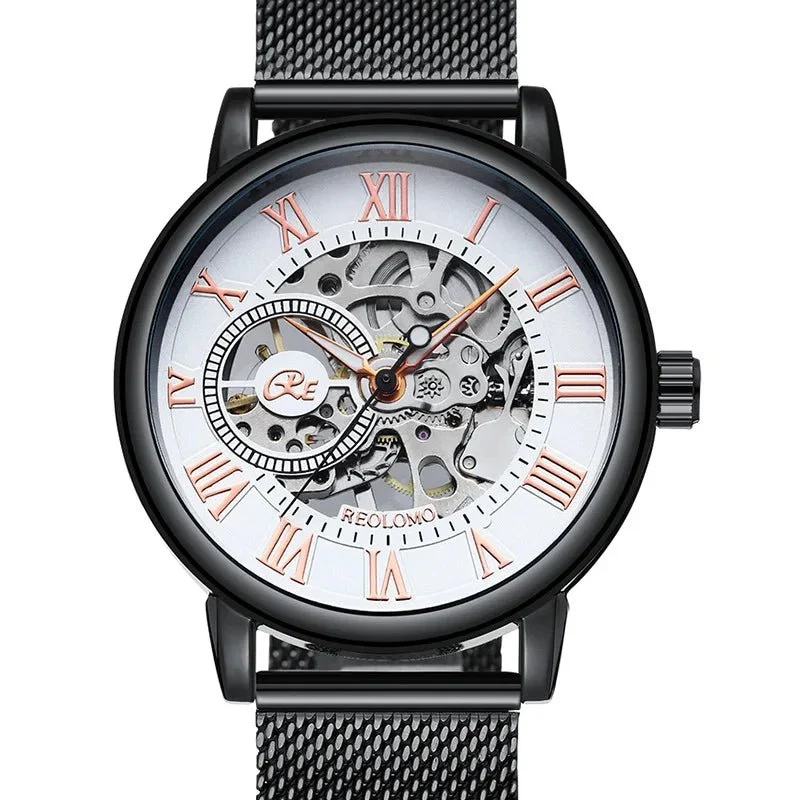 Luxuriöse Herrenuhr mit Skelett-Mesh-Armband – Elegante mechanische Uhr
