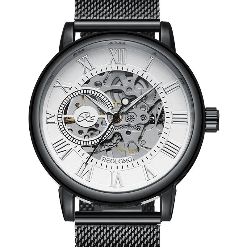 Luxuriöse Herrenuhr mit Skelett-Mesh-Armband – Elegante mechanische Uhr