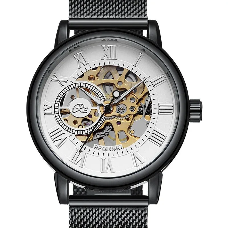 Luxuriöse Herrenuhr mit Skelett-Mesh-Armband – Elegante mechanische Uhr