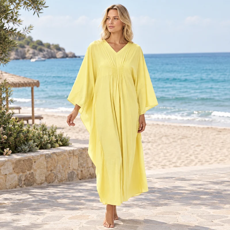 Damen-Baumwollkaftan in Zitronengelb – Einheitsgröße