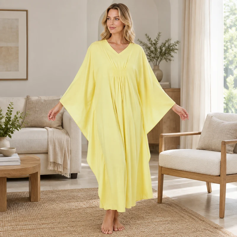 Damen-Baumwollkaftan in Zitronengelb – Einheitsgröße