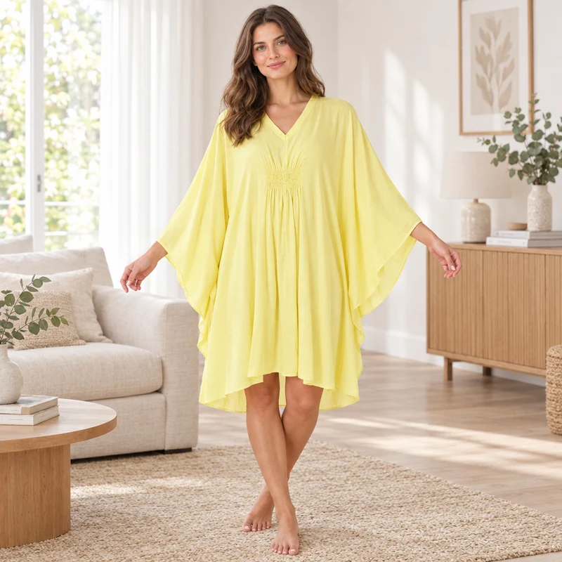 Damen-Baumwollkaftan in Zitronengelb – Einheitsgröße