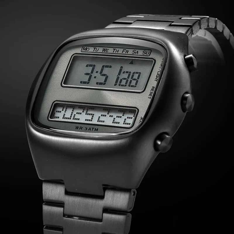 Retro-Digitaluhr für Herren mit Dual-Display, Edelstahlarmband und Hintergrundbeleuchtung