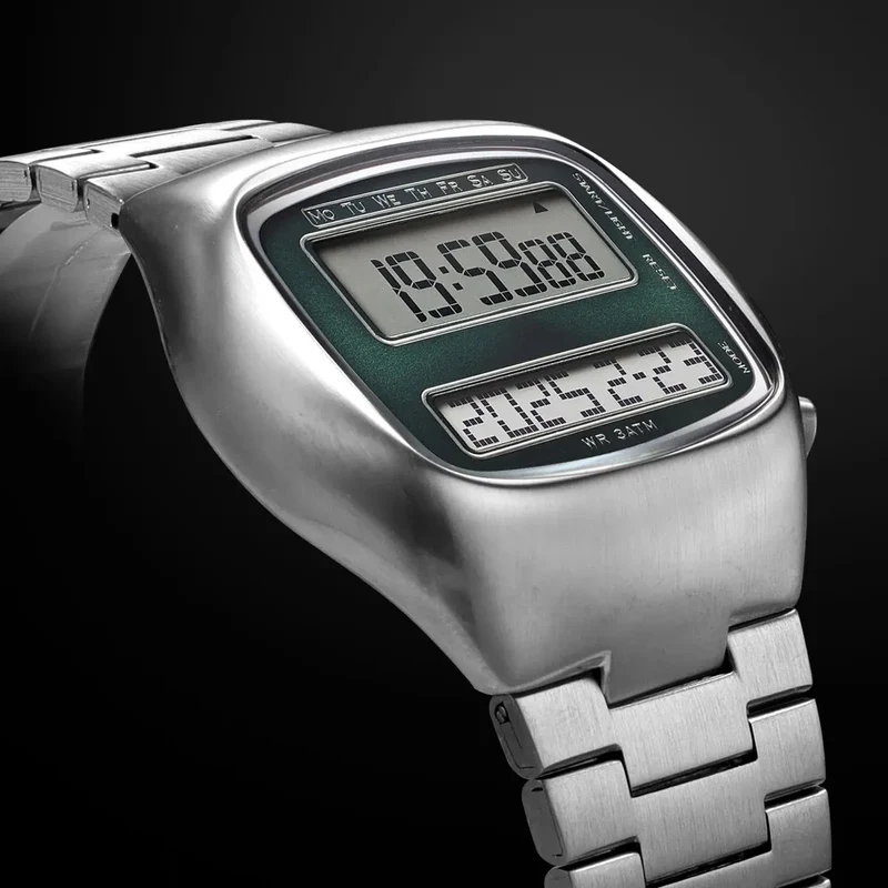 Retro-Digitaluhr für Herren mit Dual-Display, Edelstahlarmband und Hintergrundbeleuchtung