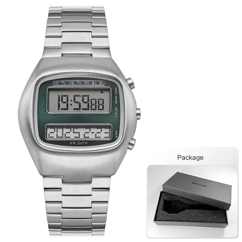 Retro-Digitaluhr für Herren mit Dual-Display, Edelstahlarmband und Hintergrundbeleuchtung