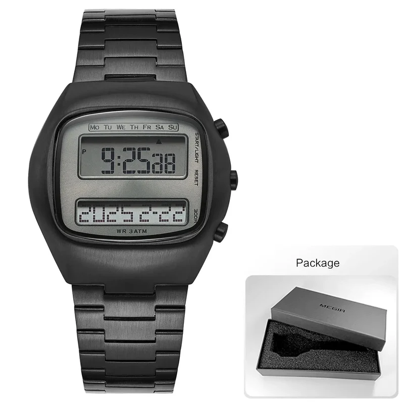 Retro-Digitaluhr für Herren mit Dual-Display, Edelstahlarmband und Hintergrundbeleuchtung