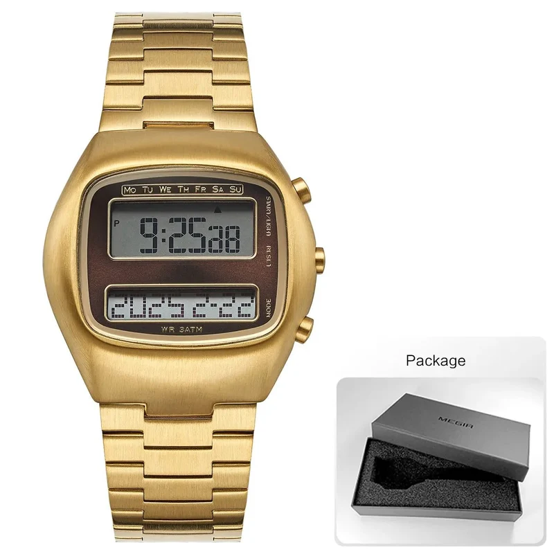 Retro-Digitaluhr für Herren mit Dual-Display, Edelstahlarmband und Hintergrundbeleuchtung