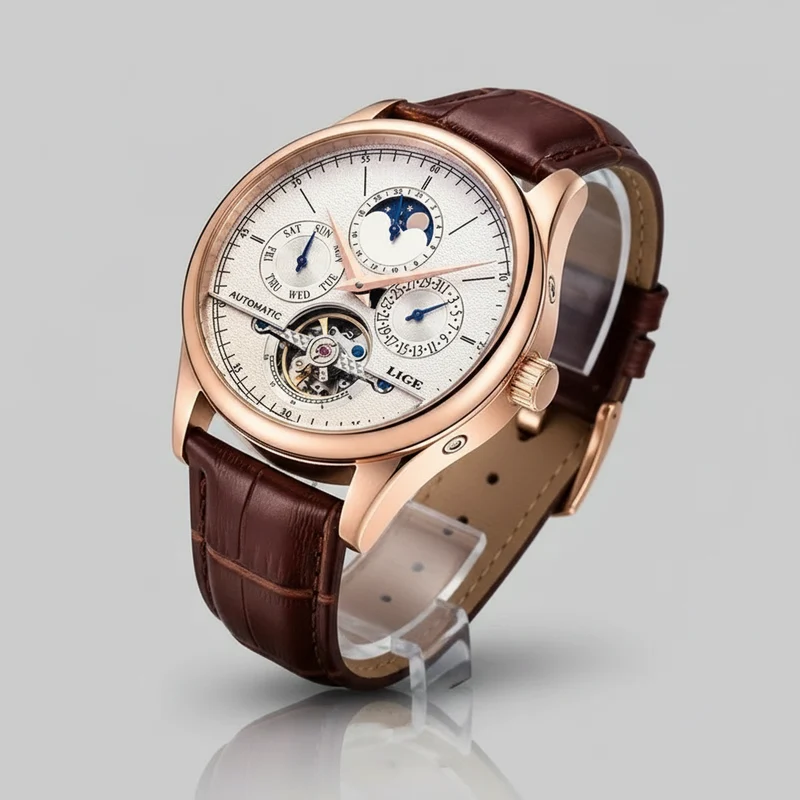 LIGE Tourbillon Militäruhr – Automatische, wasserdichte Herrenarmbanduhr mit Lederarmband