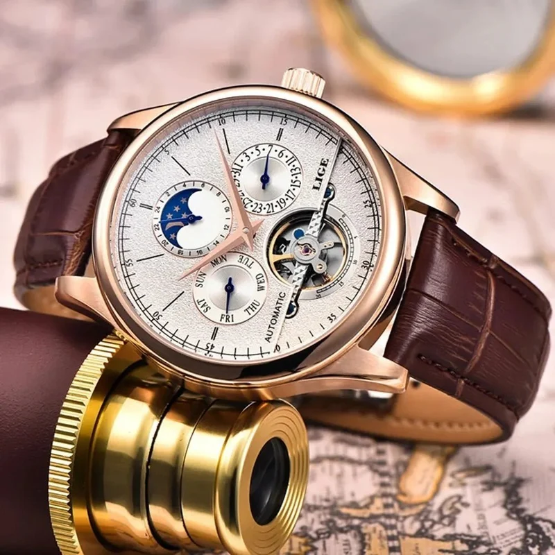 LIGE Tourbillon Militäruhr – Automatische, wasserdichte Herrenarmbanduhr mit Lederarmband