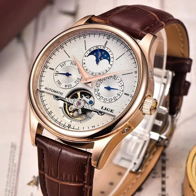 LIGE Tourbillon Militäruhr – Automatische, wasserdichte Herrenarmbanduhr mit Lederarmband
