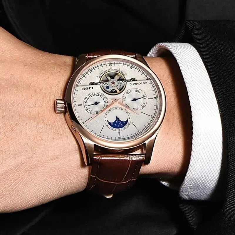 LIGE Tourbillon Militäruhr – Automatische, wasserdichte Herrenarmbanduhr mit Lederarmband