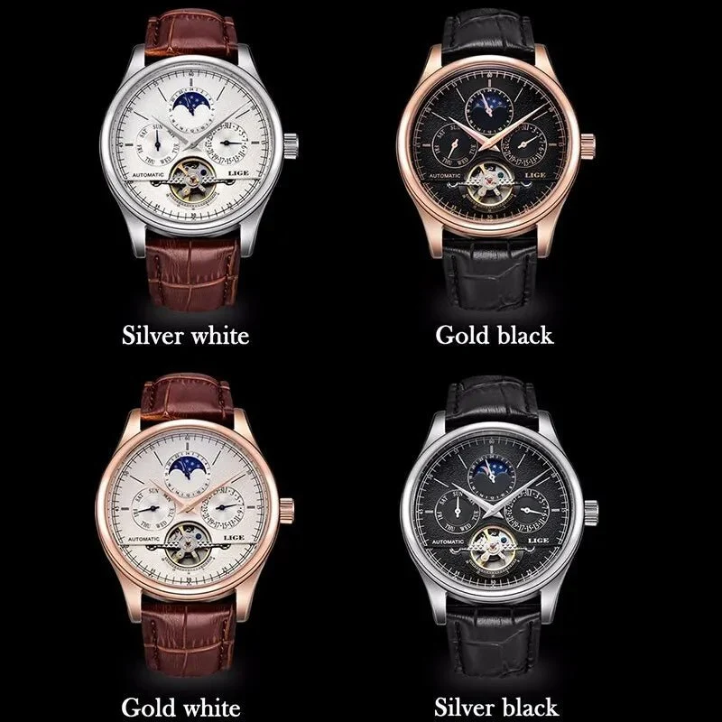 LIGE Tourbillon Militäruhr – Automatische, wasserdichte Herrenarmbanduhr mit Lederarmband
