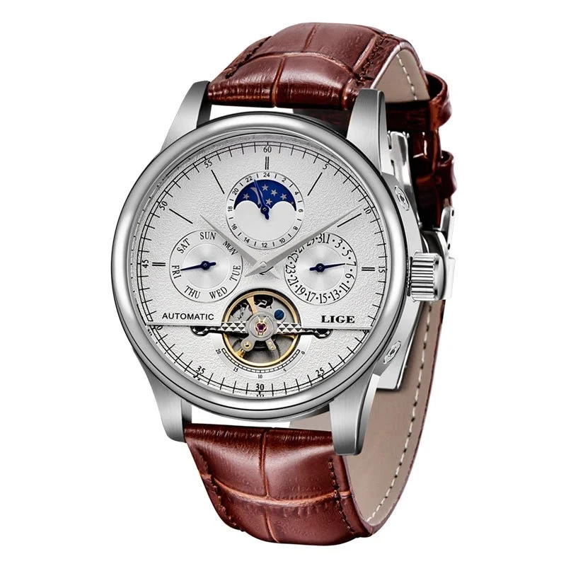 LIGE Tourbillon Militäruhr – Automatische, wasserdichte Herrenarmbanduhr mit Lederarmband
