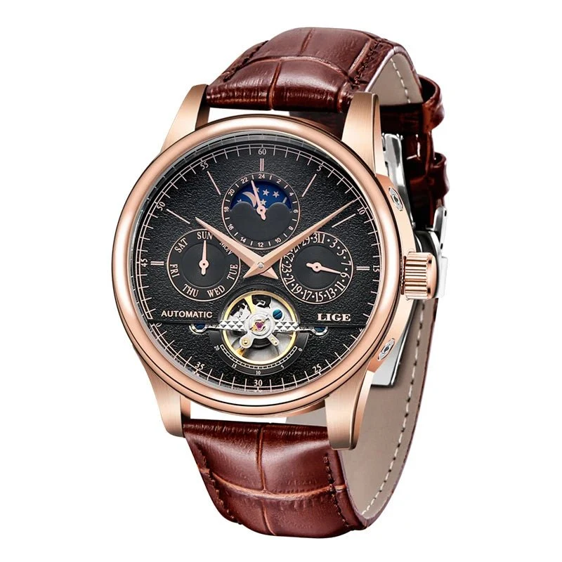 LIGE Tourbillon Militäruhr – Automatische, wasserdichte Herrenarmbanduhr mit Lederarmband