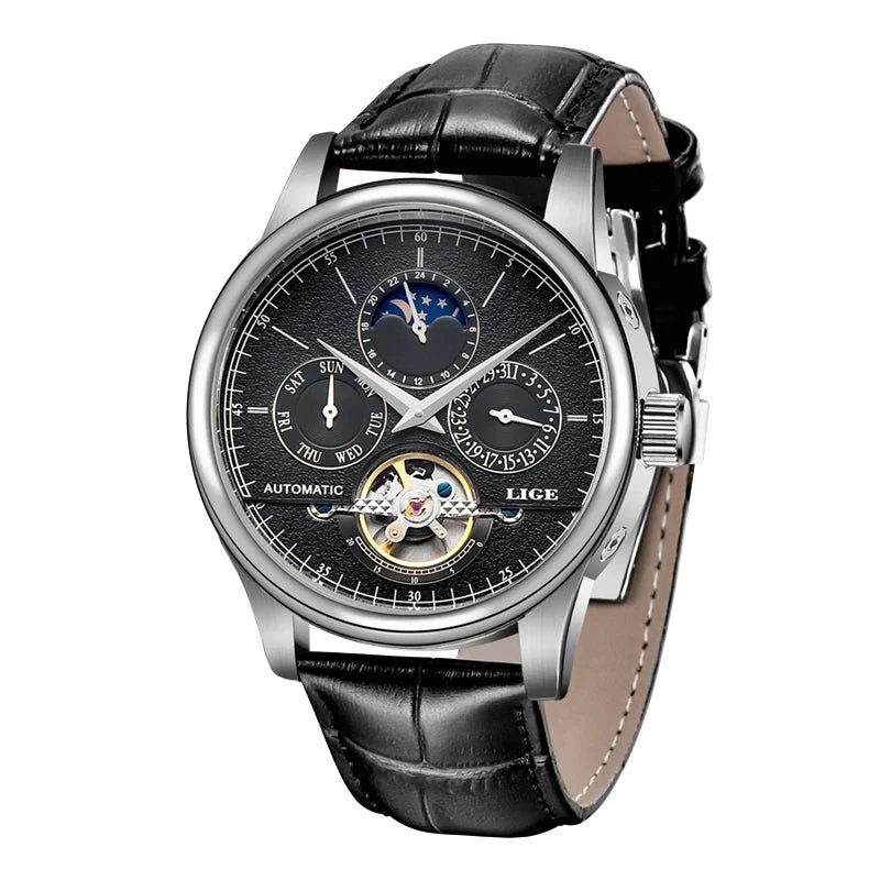 LIGE Tourbillon Militäruhr – Automatische, wasserdichte Herrenarmbanduhr mit Lederarmband