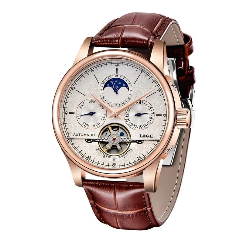 LIGE Tourbillon Militäruhr – Automatische, wasserdichte Herrenarmbanduhr mit Lederarmband