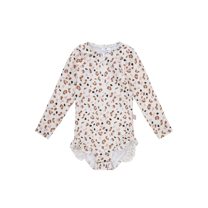 UV Swimsuit Girls With Sleeves - Khaki - Leopard